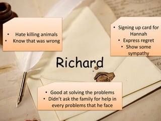 Richard
• Hate killing animals
• Know that was wrong
• Signing up card for
Hannah
• Express regret
• Show some
sympathy
• Good at solving the problems
• Didn’t ask the family for help in
every problems that he face