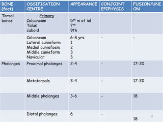 BONE
(foot)
OSSIFICATION
CENTRE
APPEARANCE CONJOINT
EPIPHYSIS
FUSION/UNI
ON
Tarsal
bones
Primary
Calcaneum
Talus
cuboid
5th m of iul
7th
9th
- -
Calcaneum
Lateral cunieform
Medial cuniefoem
Middle cunieform
Navicular
6-8 yrs
1
2
3
3
- -
Phalanges Proximal phalanges 2-4 - 17-20
Metatarpals 3-4 - 17-20
Middle phalanges 3-6 - 18
Distal phalanges 6 -
18
31
 