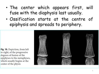 • The center which appears first, will
fuse with the diaphysis last usually.
• Ossification starts at the centre of
epiphysis and spreads to periphery.
5
 