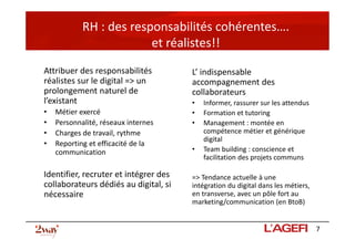 RH : des responsabilités cohérentes….
et réalistes!!
Attribuer des responsabilités
réalistes sur le digital => un
prolonge...
