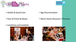 Campaign Teams
• Health & Social Care
• Fear of Crime & Abuse
• Loneliness and Isolation
• Age Discrimination
• Warm Home Discount / Pensions
 