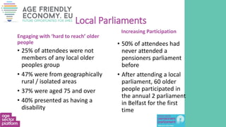 Local Parliaments
Engaging with ‘hard to reach’ older
people
• 25% of attendees were not
members of any local older
peoples group
• 47% were from geographically
rural / isolated areas
• 37% were aged 75 and over
• 40% presented as having a
disability
Increasing Participation
• 50% of attendees had
never attended a
pensioners parliament
before
• After attending a local
parliament, 60 older
people participated in
the annual 2 parliament
in Belfast for the first
time
 