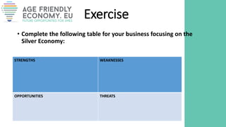 Exercise
• Complete the following table for your business focusing on the
Silver Economy:
STRENGTHS WEAKNESSES
OPPORTUNITIES THREATS
 
