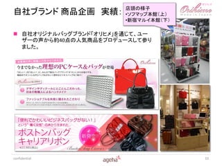 店頭の様子
自社ブランド 商品企画 実績：        •ソフマップ本館（上）
                       •新宿マルイ本館（下）

 自社オリジナルバッグブランド「オリヒメ」を通じて、ユー
  ザーの声から約40点の人気商品をプロデュースして参り
  ました。




confidential                         10
 