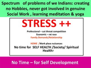 11
Spectrum of problems of we Indians: creating
no Hobbies, never got involved in genuine
Social Work , learning meditation & yoga
STRESS ++Professional – cut throat competition
Economic – rat race
Family Demands/Relationship
HOME /Work place nuisances
No time for SELF HEALTH /Society/ Spiritual
Health?
No Time – for Self Development
 