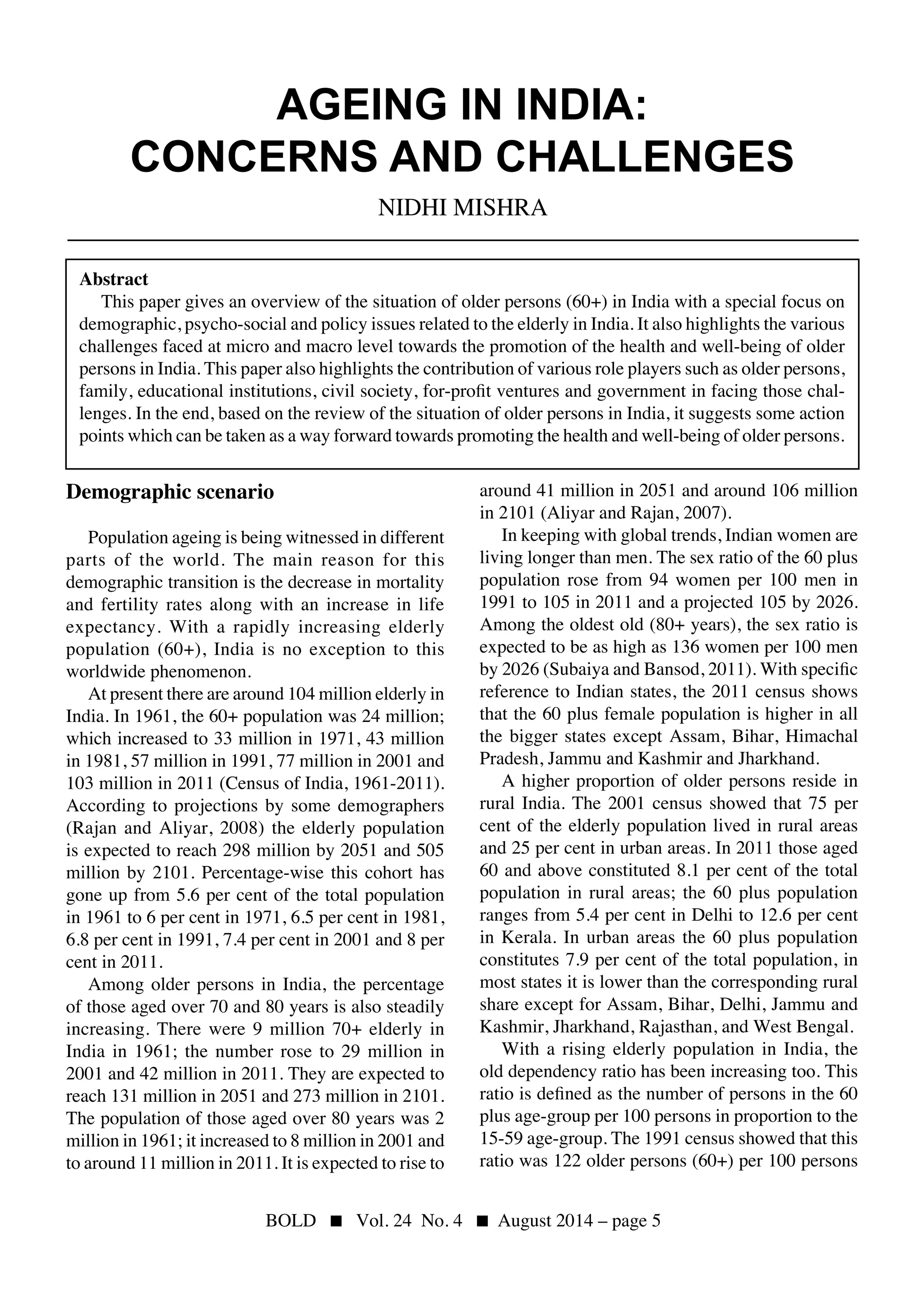 Ageing in India: Concerns and Challenges | PDF