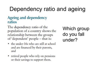 Dependency ratio and ageing
Which group
do you fall
under?
 