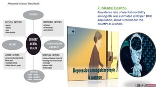 7. Mental Health:-
Prevalence rate of mental morbidity
among 60+ was estimated at 89 per 1000
population, about 4 million for the
country as a whole.
 
