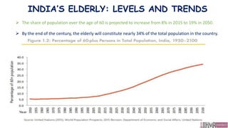 INDIA’S ELDERLY: LEVELS AND TRENDS
 The share of population over the age of 60 is projected to increase from 8% in 2015 to 19% in 2050.
 By the end of the century, the elderly will constitute nearly 34% of the total population in the country.
 