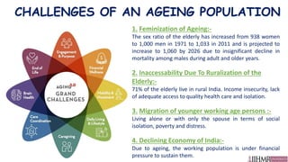 CHALLENGES OF AN AGEING POPULATION
1. Feminization of Ageing:-
The sex ratio of the elderly has increased from 938 women
to 1,000 men in 1971 to 1,033 in 2011 and is projected to
increase to 1,060 by 2026 due to insignificant decline in
mortality among males during adult and older years.
2. Inaccessability Due To Ruralization of the
Elderly:-
71% of the elderly live in rural India. Income insecurity, lack
of adequate access to quality health care and isolation.
3. Migration of younger working age persons :-
Living alone or with only the spouse in terms of social
isolation, poverty and distress.
4. Declining Economy of India:-
Due to ageing, the working population is under financial
pressure to sustain them.
 