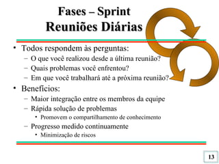 Fases  –  Sprint Reuniões Diárias Todos respondem às perguntas: O que você realizou desde a última reunião? Quais problemas você enfrentou? Em que você trabalhará até a próxima reunião?  Benefícios: Maior integração entre os membros da equipe Rápida solução de problemas P romovem o compartilhamento de conhecimento Progresso medido continuamente Minimização de riscos 