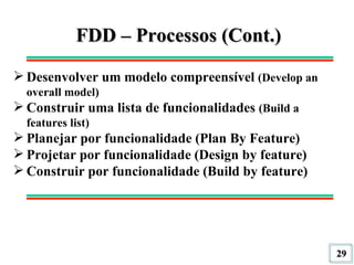 FDD – Processos (Cont.) Desenvolver um modelo compreensível  (Develop an overall model) Construir uma lista de funcionalidades  (Build a features list) Planejar por funcionalidade (Plan By Feature) Projetar por funcionalidade (Design by feature) Construir por funcionalidade (Build by feature) 