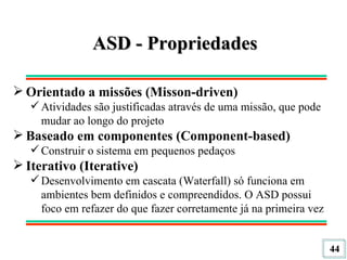 ASD - Propriedades Orientado a missões (Misson-driven) Atividades são justificadas através de uma missão, que pode mudar ao longo do projeto Baseado em componentes (Component-based) Construir o sistema em pequenos pedaços Iterativo (Iterative) Desenvolvimento em cascata (Waterfall) só funciona em ambientes bem definidos e compreendidos. O ASD possui foco em refazer do que fazer corretamente já na primeira vez 