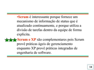 14
•Scrum é interessante porque fornece um
mecanismo de informação de status que é
atualizado continuamente, e porque utiliza a
divisão de tarefas dentro da equipe de forma
explicita.
Scrum e XP são complementares pois Scrum
provê práticas ágeis de gerenciamento
enquanto XP provê práticas integradas de
engenharia de software.
 
