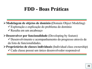 32
FDD - Boas Práticas
Modelagem de objetos de domínio (Domain Object Modeling)
Exploração e explicação do problema do domínio
Resulta em um arcabouço
Desenvolver por funcionalidade (Developing by feature)
Desenvolvimento e acompanhamento do progresso através de
da lista de funcionalidades.
Proprietários de classes individuais (Individual class ownership)
Cada classe possui um único desenvolvedor responsável
 