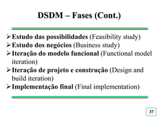 37
DSDM – Fases (Cont.)
Estudo das possibilidades (Feasibility study)
Estudo dos negócios (Business study)
Iteração do modelo funcional (Functional model
iteration)
Iteração de projeto e construção (Design and
build iteration)
Implementação final (Final implementation)
 