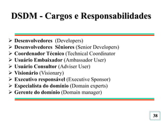 38
DSDM - Cargos e Responsabilidades
 Desenvolvedores (Developers)
 Desenvolvedores Sêniores (Senior Developers)
 Coordenador Técnico (Technical Coordinator
 Usuário Embaixador (Ambassador User)
 Usuário Consultor (Adviser User)
 Visionário (Visionary)
 Executivo responsável (Executive Sponsor)
 Especialísta do domínio (Domain experts)
 Gerente do domínio (Domain manager)
 