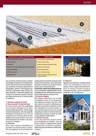 GUTEX®
ISOLATIONFIBREDEBOIS
20
21
Toujours près de chez vous
Les couches d’enduit ont pour mission
deprotégerlesobjetsdel’humiditéetdes
autres influences environnementales.
Les systèmes d’enduits spécialement
développés, testés et homologués par
GUTEX remplissent cette mission de
façon optimale. L’interaction idéale entre
l’enduit et le panneau porteur d’enduit
est déterminante pour la fonctionnalité
du système.
1. Panneau support d’enduit
2. Sous-couche / Enduit de base
La sous-couche peut être appliquée
en une (sans séchage) ou en deux
(rebouchage transversal + rebouchage
armature) opérations. Afin de respecter
l’épaisseur minimale de 4 ou 5 mm et
la position de l’armature dans le tiers
extérieur de la sous-couche, nous vous
recommandons de réaliser une sous-
couche en 2 étapes.
3. Armature
Elle a pour mission d’empêcher la
formation de fissures dans l’enduit.
Afin de supporter les mouvements de
Composants du système Thermowall plus Enduit naturel
1. panneaux porteurs d’enduit Thermowall et Thermowall-gf
2. Sous-couche Colle et enduit Gutex
3. Armature Treillis d’armature universel Gutex
Protection contre les éclaboussures (si nécessaire) Apprêt de socle Gutex
4. Couche d’apprêt Base isolante Gutex
5. Enduit couvrant Enduit combiné Gutex
6. Apprêt coloré Finition d’enduit combiné couleurs
minérales Gutex
la base et les contraintes provenant des
influences thermiques, il est nécessaire
de poser l’armature sur toute la surface
et avec des chevauchements.
Protection contre les éclaboussures
Avec la protection supplémentaire contre
leséclaboussures,lespanneauxpeuvent
êtres posés jusqu’au niveau du sol.
4. Couche d’apprêt
Elle régule l’absorption de la base
et empêche ainsi un durcissement
trop rapide de l’enduit couvrant. Elle
sert aussi de couche d’adhérence et
apporte une première protection contre
les intempéries à la sous-couche. La
sous-couche prévue avec une couche
d’apprêt peut rester à l’air libre bien plus
longtemps avant que l’enduit couvrant
ne soit appliqué (hibernation).
5. Enduit couvrant
Il sert de protection propre contre
les intempéries au système. Aucune
limite n’existe à l’agencement grâce
à différentes structures d’enduit,
différentes granulométries et différentes
couleurs.
6. Peinture
Apporte une protection supplémentaire
contre les intempéries, donne un
aspect unifié et agit préventivement,
avec la finition d’enduit couleurs
minérales GUTEX, contre l’infestation
d’algues et de champignons.
 