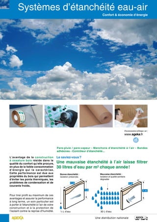 Confort & économie d’énergie
Une distribution nationale
L’avantage de la construction
à ossature bois réside dans la
qualité du confort qu’elle procure,
en plus de la faible consommation
d’énergie qui la caractérise.
Cette performance est due aux
propriétés du bois qui permettent
d’éviter les ponts thermiques, les
problèmes de condensation et de
courants froids.
Pour tirer profit au maximum de ces
avantages et assurer la performance
à long terme, un soin particulier est
à porter à l’étanchéité à l’air de votre
construction et à la protection de
l’isolant contre la reprise d’humidité.
Le saviez-vous ?
Une mauvaise étanchéité à l’air laisse filtrer
30 litres d’eau par m² chaque année !
Pare-pluie / pare-vapeur - Manchons d’étanchéité à l’air - Bandes
adhésives - Contrôleur d’étanchéité...
1 m
1 m
30 L d’eau
Mauvaise étanchéité :
Isolation et qualité sanitaire
dégradée
1 m
1 m
1
/3 L d’eau
Bonne étanchéité :
Isolation préservée.
 
