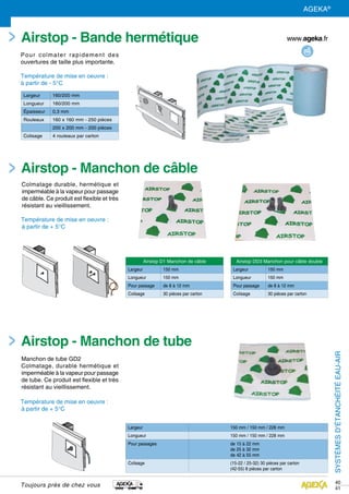 40
41
Pour colmater rapidement des
ouvertures de taille plus importante.
Température de mise en oeuvre :
à partir de - 5°C
Manchon de tube GD2
Colmatage, durable hermétique et
imperméable à la vapeur pour passage
de tube. Ce produit est flexible et très
résistant au vieillissement.
Température de mise en oeuvre :
à partir de + 5°C
Airstop - Bande hermétique
Airstop - Manchon de tube
Largeur 160/200 mm
Longueur 160/200 mm
épaisseur 0,3 mm
Rouleaux 160 x 160 mm - 250 pièces
200 x 200 mm - 200 pièces
Colisage 4 rouleaux par carton
Largeur 150 mm / 150 mm / 228 mm
Longueur 150 mm / 150 mm / 228 mm
Pour passages de 15 à 22 mm
de 25 à 32 mm
de 42 à 55 mm
Colisage (15-22 / 25-32) 30 pièces par carton
(42-55) 8 pièces par carton
Colmatage durable, hermétique et
imperméable à la vapeur pour passage
de câble. Ce produit est flexible et très
résistant au vieillissement.
Température de mise en oeuvre :
à partir de + 5°C
Airstop - Manchon de câble
Airstop DD3 Manchon pour câble double
Largeur 150 mm
Longueur 150 mm
Pour passage de 8 à 12 mm
Colisage 30 pièces par carton
Airstop D1 Manchon de câble
Largeur 150 mm
Longueur 150 mm
Pour passage de 8 à 12 mm
Colisage 30 pièces par carton
SYSTÈMESD’ÉTANCHÉITÉEAU-AIR
Toujours près de chez vous
AGEKA®
 