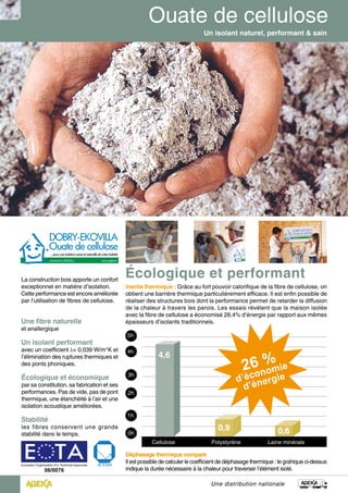 La construction bois apporte un confort
exceptionnel en matière d’isolation.
Cette performance est encore améliorée
par l’utilisation de fibres de cellulose.
Une fibre naturelle
et anallergique
Un isolant performant
avec un coefficient λ< 0,039 W/m°K et
l’élimination des ruptures thermiques et
des ponts phoniques.
Écologique et économique
par sa constitution, sa fabrication et ses
performances. Pas de vide, pas de pont
thermique, une étanchéité à l’air et une
isolation acoustique améliorées.
Stabilité
les fibres conservent une grande
stabilité dans le temps.
Un isolant naturel, performant & sain
powered by ISOCELL www.ageka.fr
Inertie thermique : Grâce au fort pouvoir calorifique de la fibre de cellulose, on
obtient une barrière thermique particulièrement efficace. Il est enfin possible de
réaliser des structures bois dont la performance permet de retarder la diffusion
de la chaleur à travers les parois. Les essais révèlent que la maison isolée
avec la fibre de cellulose a économisé 26,4% d’énergie par rapport aux mêmes
épaisseurs d’isolants traditionnels.
Déphasage thermique comparé
Il est possible de calculer le coefficient de déphasage thermique : le grahique ci-dessus
indique la durée nécessaire à la chaleur pour traverser l’élément isolé.
5h
Cellulose Polystyrène Laine minérale
4h
3h
2h
1h
0h
0,9
4,6
0,6
Une distribution nationale
Écologique et performant
European Organisation For Technical Approvals
06/0076
 