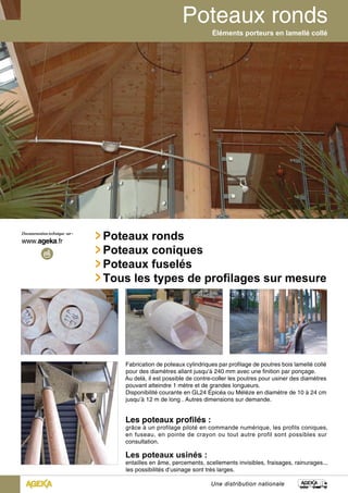 Éléments porteurs en lamellé collé 
Poteaux ronds 
Poteaux coniques 
Poteaux fuselés 
Tous les types de profilages sur mesure 
Fabrication de poteaux cylindriques par profilage de poutres bois lamellé collé 
pour des diamètres allant jusqu’à 240 mm avec une finition par ponçage. 
Au delà, il est possible de contre-coller les poutres pour usiner des diamètres 
pouvant atteindre 1 mètre et de grandes longueurs. 
Disponibilité courante en GL24 Épicéa ou Mélèze en diamètre de 10 à 24 cm 
jusqu’à 12 m de long . Autres dimensions sur demande. 
Les poteaux profilés : 
grâce à un profilage piloté en commande numérique, les profils coniques, 
en fuseau, en pointe de crayon ou tout autre profil sont possibles sur 
consultation. 
Les poteaux usinés : 
entailles en âme, percements, scellements invisibles, fraisages, rainurages... 
les possibilités d’usinage sont très larges. 
Une distribution nationale 
 