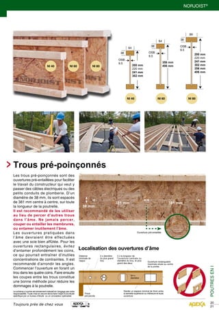 20 
21 
NORJOIST® 
Trous pré-poinçonnés 
Toujours près de chez vous 
OSB 
9.5 200 mm 
220 mm 
241 mm 
302 mm 
38 
64 
OSB 
9.5 
356 mm 
406 mm 
64 
38 
38 
OSB 
9.5 
200 mm 
220 mm 
241 mm 
302 mm 
356 mm 
406 mm 
89 
Les trous pré-poinçonnés sont des 
ouvertures pré-entaillées pour faciliter 
le travail du constructeur qui veut y 
passer des câbles électriques ou des 
petits conduits de plomberie. D’un 
diamètre de 38 mm, ils sont espacés 
de 381 mm centre à centre, sur toute 
la longueur de la poutrelle. 
Il est recommandé de les utiliser 
au lieu de percer d’autres trous 
dans l’âme. Ne jamais percer, 
couper ou entailler les membrures, 
ou entamer inutilement l’âme. 
Les ouvertures pratiquées dans 
l’âme devraient être effectuées 
avec une scie bien affûtée. Pour les 
ouvertures rectangulaires, évitez 
d’entamer profondément les coins, 
ce qui pourrait entraîner d’inutiles 
concentrations de contraintes. Il est 
recommandé d’arrondir les angles. 
Commencer l’ouverture en forant un 
trou dans les quatre coins. Faire ensuite 
les coupes entre les trous constitue 
une bonne méthode pour réduire les 
dommages à la poutrelle. 
Le schéma ci-contre est strictement indicatif et n’engage pas notre 
responsabilité. Toute mise en oeuvre devra faire l’objet d’une étude 
spécifique par un bureau d’étude ou un concepteur spécialisé. 
381 mm 381 mm 
Ouverture pré-entaillée 
Localisation des ouvertures d’âme 
Distance 
minimale de 
l'appui 
Trous 
pré-percés 
Garder un espace minimal de 3mm entre 
la semelle supérieure ou inférieure et toute 
ouverture. 
2 x diamètre 
du plus grand 
trou 
2 x la longueur de 
l'ouverture centrale ou 
diamètre du trou, le plus 
ggrraanndd ddeess ddeeuuxx 
Ouverture rectangulaire 
maximale située au centre 
de la portée. 
3/4 x 
diamètre 
38 mm 
POUTRES EN I 
 
