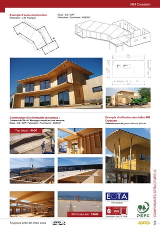 MM Crosslam 
Exemple d’auto-construction. 
Réalisation : J-M. Peyriguer 
90.00° 
90.00° 
240.00° 
4844 1200 2140 368 930 875 
8552 930 875 
210.00° 
94 970 94 5278 94 960 
1340 5466 
90.00° 
315 1300 1000 1100 7260 
1000 
2639 90.00° 
150.00° 
120.00° 
90.00° 
90.00° 
90.00° 
90.00° 
Étude : B.E. ICR® 
Fabrication / Fournitures : AGEKA® 
90.00° 
2100 
90.00° 
90.00° 
54 1289 
2400 1530 8219 
2400 600 25 10357 
6016 1340 
1537 
Construction d’un immeuble de bureaux : 
2 niveaux de 300 m2. Montage complet en une semaine. 
Étude : B.E. ICR®. Fabrication / Fournitures : AGEKA® 
Exemple d’utilisation des dalles MM 
Crosslam : 
utilisation pour de grands débords élancés. 
European Organisation For Technical Approvals 
ATE 09/0036 
Certification DIN Z-9.1-638 
COMPOSANTS STRUCTURELS 
36 
37 Toujours près de chez vous 
 