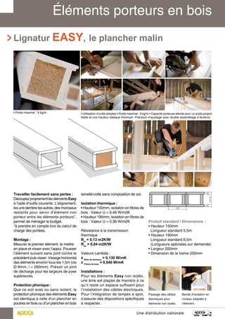 • Utilisation d’outils simples • Poids maximal : 9 kg/m • Capacité porteuse élevée pour un poids propre 
faible et une hauteur statique minimum. Précision d’ajustage avec double assemblage à feuillure. 
lamellé-collé sans composition de sol. 
Isolation thermique : 
• Hauteur 150mm, isolation en fibres de 
bois : Valeur U = 0,46 W/m2K 
• Hauteur 190mm, isolation en fibres de 
bois : Valeur U = 0,36 W/m2K 
Résistance à la transmission 
thermique : 
Rsi = 0,13 m2K/W 
Rse = 0,04 m2K/W 
Valeurs Lambda : 
λ Bois de résineux = 0,130 W/mK 
λ Fibres de bois = 0,040 W/mK 
Installations : 
Pour les éléments Easy non isolés, 
une âme est plaçée de manière à ce 
qu’il reste un espace suffisant pour 
l’installation des câbles électriques. 
Pour l’intégration de lampes à spot, 
s’assurer des dispositions spécifiques 
à respecter. 
Travailler facilement sans pertes : 
Découpez proprement les éléments Easy 
à l’aide d’outils courants. L’alignement, 
les uns derrière les autres, des morceaux 
restants pour servir d’élément non 
porteur entre les éléments porteurs*, 
permet de ménager le budget. 
*à prendre en compte lors du calcul de 
charge des portées. 
Montage : 
Mesurer le premier élément, le mettre 
en place et visser avec l’appui. Pousser 
l’élément suivant sans joint contre le 
précédent puis visser. Vissage horizontal 
des éléments environ tous les 1,5m (vis 
Ø 8mm, l = 260mm). Prévoir un joint 
de décharge pour les largeurs de pose 
supérieures. 
Protection phonique : 
Que ce soit avec ou sans isolant, la 
protection phonique des éléments Easy 
est identique à celle d’un plancher en 
poutres en bois ou d’un plancher en bois 
200 
Produit standard / Dimensions : 
• Hauteur 150mm 
Longueur standard 5,5m 
• Hauteur 190mm 
Longueur standard 6,5m 
(Longueurs spéciales sur demande) 
• Largeur 200mm 
• Dimension de la trame 200mm 
Une distribution nationale 
150/190 
25 25 
• Poids maximal : 9 kg/m 
Passage des câbles 
électriques pour 
éléments non isolés. 
Bande d’isolation en 
rouleau adaptée à 
l’élément. 
Lignatur EASY, le plancher malin 
 