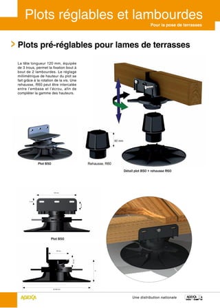 Pour la pose de terrasses




Plots pré-réglables pour lames de terrasses

La tête longueur 120 mm, équipée
de 3 trous, permet la fixation bout à
bout de 2 lambourdes. Le réglage
millimétrique de hauteur du plot se
fait grâce à la rotation de la vis. Une
rehausse, R60 peut être intercalée
entre l’embase et l’écrou, afin de
compléter la gamme des hauteurs.




                                                                    60 mm




              Plot B50                              Rehausse, R60

                                                                            Détail plot B50 + rehausse R60




                         120 mm




       5 mm
                                            25 mm




                      Plot B50


                            60 mm
                                    35 mm




                                                       H




                         Ø 200 mm




                                                                                 Une distribution nationale
 