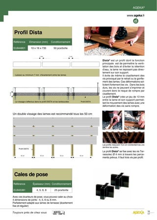 AGEKA®




         Profil Dista
        Référence            Dimension (mm)       Conditionnement

        EU944801              10 x 16 x 735          50 pcs/boîte


                                     7 mm                                7 mm


                                                                                                Dista ® est un profil dont la fonction
                                                                                                principale est de permettre la venti-
                                                                                                lation des bois et d’éviter la rétention
                                                                                                d’eau, la lame ne reposant pas direc-
                                                                                                tement sur son support.
          Laissez au minimum 7 mm d’écartement entre les lames                                  Il évite de même le cisaillement des
                                                                                                vis provoqué par le retrait ou le gonfle-
                                                                                                ment des lames. Ces déformations sol-
                                                                                                licitent fortement les vis . Dans les bois
                                                                                                durs, les vis ne peuvent s’imprimer et
                                                                                                courent donc le risque de rompre par
13 mm




                                                                                                cisaillement.
                                                                                                Le profil Dista® crée un jeu de 13 mm
                                                                                                entre la lame et son support permet-
          Le vissage s’effectue dans le profil DISTA et les lambourdes           Profil DISTA
                                                                                                tant le mouvement des lames avec une
                                                                                                déformation des vis sans rompre.


        Un double vissage des lames est recommandé tous les 50 cm




                                                                                                Les profils mesurant 73,5 cm s’emboîtent les uns
                                                                                                derrière les autres.
              Profil DISTA
                                                                                                Le profil Dista® se fixe avec les vis Ter-
                50 cm                 50 cm                 50 cm               50 cm
                                                                                                rassotec Ø 4 mm à travers les perce-
                                                                                                ments prévus. Il faut trois vis par profil.




         Cales de pose
        Référence              Épaisseur (mm) Conditionnement

        EU945381                  4, 5, 6, 8         25 pcs/boîte

        Avec ces écarteurs de pose, vous pouvez caler au choix
        4 dimensions de joints : 4, 5, 6 ou 8 mm.
        Parfaitement adapté aux lames de terrasse (écartement
        fixe et régulier)

                                                                                                                                                   16
        Toujours près de chez vous
                                                                                                                                                   17
 