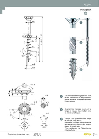 AGEKA®




                             Les nervures de fraisage situées sous
                             la tête permettent un emplacement
                             net de la tête de vis tout en réduisant
                             l´effet de fente.



                             Segment de fraisage réduisant le
                             temps de vissage et permettant ainsi
                             un travail sans fatigue.


                             Filetage à pas gros réduisant le temps
                             de vissage jusqu´à 40%.
                             Géométrie optimale des pointes de
                             perçage appropriée pour les assem-
                             blages de bois à bois.
                             Prise rapide des vis. Réduction de
                             l´effet de fente.

                                                                       20
Toujours près de chez vous
                                                                       21
 