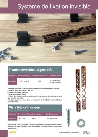 Fixation invisibles Ageka NSI
 Référence        Dimension (mm)        nb de fixations /10 m2   Conditionnement

                                                                   200 pcs/boîte
 EU944830           190 x 20 x 10                123
                                                                 (vis non incluses)



 Véritable « glissière », cet accessoire permet une fixation totalement invisible.
• Distance entre lambourdes : 600 mm
• Largeur des lames : 145 mm
• Dimension de joint : 5 mm
• Prévoir des pièces supplémentaires pour les premières et dernières lames ainsi
 que pour les raccords...
• Pour chaque pièce, il faut prévoir au minimum 4 vis de 4,2 x 24 mm (hors fixation
 sur lambourde).


  Vis à tête cylindrique
  Vis inox pour coulisses de fixation


 Référence       D x L (mm) Embout de vissage              Conditionnement

 EU944922          4,2 x 24             TX 20               100 pcs/sachet


Vis spéciale à tête cylindrique. Les particularités de la terrasse peuvent néces-
siter plus de 4 vis par pièce, c’est pourquoi les vis peuvent être commandées
séparément.

                                                                               Une distribution nationale
 