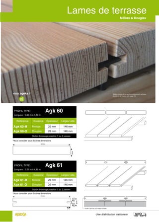 Mélèze & Douglas




                                                                                                                                              Mélèze brossé à cernes d’accroissement verticaux
                                                                                                                                              (système de fixation voir page 24)




 PROFIL TYPE :                        Agk 60
 Longueur : 3,20 m à 4,80 m


   Référence         Essence          Épaisseur   Largeur utile

Agk 60-M            Mélèze             26 mm       146 mm
Agk 60-D            Douglas            26 mm       146 mm
                    Option brossage possible 1 ou 2 passes

*Nous consulter pour d’autres dimensions
                             146 mm
                                                                26 mm




 PROFIL TYPE :                        Agk 61
 Longueur : 3,20 m à 4,80 m

   Référence         Essence          Épaisseur   Largeur utile

Agk 61-M            Mélèze             26 mm       146 mm
Agk 61-D            Douglas            26 mm       146 mm
                    Option brossage possible 1 ou 2 passes
*Nous consulter pour d’autres dimensions
                             146 mm
                                                                        10,5 mm 10,5 mm

                                                                                          26 mm
                                                             5 mm




                                                       9mm                                        Profil à rainures pour fixation invisible



                                                                                                                     Une distribution nationale
 
