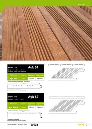 AGEKA®




                                                                                                  Ipé




  PROFIL TYPE :                                                Agk 64
  Longueur : 3,20 m à 4,80 m
  2 bandes striées, une face lisse.


        Référence                         Essence              Épaisseur Largeur utile

        Agk 64-I                                Ipé             20 mm       140 mm
*Nous consulter pour d’autres dimensions
                                                 140 mm
                                                                                  20 mm




*Illustrations non contractuelles :
la structure de la surface peut varier selon la fabrication.




  PROFIL TYPE :                                                Agk 62
  Longueur : 3,20 m à 4,80 m


        Référence                         Essence              Épaisseur Largeur utile

     Agk 62-P3                             Pin CL3              26 mm       146 mm
*Nous consulter pour d’autres dimensions
                                              146 mm
                                                                                      26 mm




*Illustrations non contractuelles :
la structure de la surface peut varier selon la fabrication.




                                                                                                        8
Toujours près de chez vous
                                                                                                        9
 