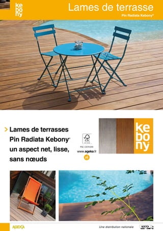 Une distribution nationale
Pin Radiata Kebony®
Lames de terrasses
Pin Radiata Kebony®
un aspect net, lisse,
sans nœuds
FSC C074349
 