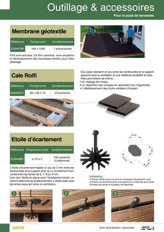 Une distribution nationale
Etoile d’écartement
Référence Dimensions (mm) Conditionnement
EU944800 ø 70 x 5
150 pcs/boîte
15 bâtonnets
8 mm
9
m
m
6
m
m
7mm
Membrane géotextile
Référence Format (cm) Conditionnement
EU944799 160 x 1000 1 pièce/sachet
Film anti-racinaire. Ce film contrarie, voire empêche
le développement des mauvaises herbes sous votre
platelage.
Pour la pose de terrasses
L’étoile d’écartement réalise un jeu de 5 mm entre les
lambourdes et le support ainsi qu’un écartement hori-
zontal entre les lames de 6, 7, 8 ou 9 mm.
Une fois l’étoile en place avec l’écartement choisi, on
retire le bâtonnet de positionnement. L’étoile reste sous
les lames assurant ainsi la ventilation.
Utilisation :
• 1 Placez l’étoile sous une lame en choisissant l’écartement voulu.
• 2 Posez une deuxième lame et maintenez-la à l’aide des serre-joints.
• 3 Vissez les lames et récupérez les bâtonnets.
Cale Rolfi
Référence Format (mm) Conditionnement
EU945379 60 x 60 x 10 25 pcs/boîte
Ces cales réalisent un jeu entre les lambourdes et le support,
assurant ainsi la ventilation et une meilleure durabilité du bois.
Elles permettent de même :
• Un réglage de niveau.
• La répartition des charges en absorbant les irrégularités.
• L’affaiblissement des bruits solidiens d’impact.
 