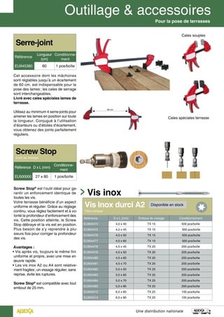 Une distribution nationale
Pour la pose de terrasses
Screw Stop
Outil de vissage
Référence D x L (mm)
Conditionne-
ment
EU500000 27 x 80 1 pce/boîte
Screw Stop®
est l’outil idéal pour ga-
rantir un enfoncement identique de
toutes les vis.
Votre terrasse bénéficie d’un aspect
uniforme et régulier. Grâce au réglage
continu, vous réglez facilement et à vo-
lonté la profondeur d’enfoncement des
vis. Cette position atteinte, le Screw
Stop débraye et la vis est en position.
Plus besoin de s’y reprendre à plu-
sieurs fois pour corriger la profondeur
des vis.
Avantages :
• Vis après vis, toujours le même fini
uniforme et propre, avec une mise en
œuvre rapide.
• Les vis inox A2 ou A4 sont relative-
ment fragiles ; un vissage régulier, sans
reprise, évite les ruptures.
Screw Stop®
est compatible avec tout
embout de 25 mm.
Serre-joint
Référence
Longueur
(cm)
Conditionne-
ment
EU945380 60 1 pce/boîte
Cet accessoire dont les mâchoires
sont réglables jusqu’à un écartement
de 60 cm, est indispensable pour la
pose des lames ; les cales de serrage
sont interchangeables.
Livré avec cales spéciales lames de
terrasse.
Utilisez au minimum 4 serre-joints pour
amener les lames en position sur toute
la longueur. Conjugué à l’utilisation
d’écarteurs ou d’étoiles d’écartement,
vous obtenez des joints parfaitement
réguliers.
60 cm
Cales souples
Cales spéciales terrasse
Vis Inox durci A2
Tête conique
Référence D x L (mm) Embout de vissage Conditionnement
EU904474 4,0 x 40 TX 15 500 pcs/boîte
EU904475 4,0 x 45 TX 15 500 pcs/boîte
EU904476 4,0 x 50 TX 15 500 pcs/boîte
EU904477 4,0 x 60 TX 15 500 pcs/boîte
EU904478 4,5 x 45 TX 20 200 pcs/boîte
EU904479 4,5 x 50 TX 20 200 pcs/boîte
EU904480 4,5 x 60 TX 20 200 pcs/boîte
EU904481 4,5 x 70 TX 20 200 pcs/boîte
EU904482 5,0 x 50 TX 25 200 pcs/boîte
EU904483 5,0 x 60 TX 25 200 pcs/boîte
EU904484 5,0 x 70 TX 25 200 pcs/boîte
EU904485 5,0 x 80 TX 25 200 pcs/boîte
EU904012 6,0 x 60 TX 25 100 pcs/boîte
EU904014 6,0 x 80 TX 25 100 pcs/boîte
Vis inox
Disponible en stock
 