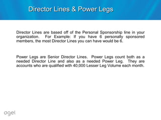 Director Lines & Power LegsDirector Lines & Power Legs
Director Lines are based off of the Personal Sponsorship line in your
organization. For Example: If you have 6 personally sponsored
members, the most Director Lines you can have would be 6.
Power Legs are Senior Director Lines. Power Legs count both as a
needed Director Line and also as a needed Power Leg. They are
accounts who are qualified with 40,000 Lesser Leg Volume each month.
 