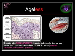 Quando feito  REGULARMENTE  , impede a obstrução dos poros e estimula o crescimento saudável da pele  e derme ( a camada abaixo da pele   saudável , queratina). 