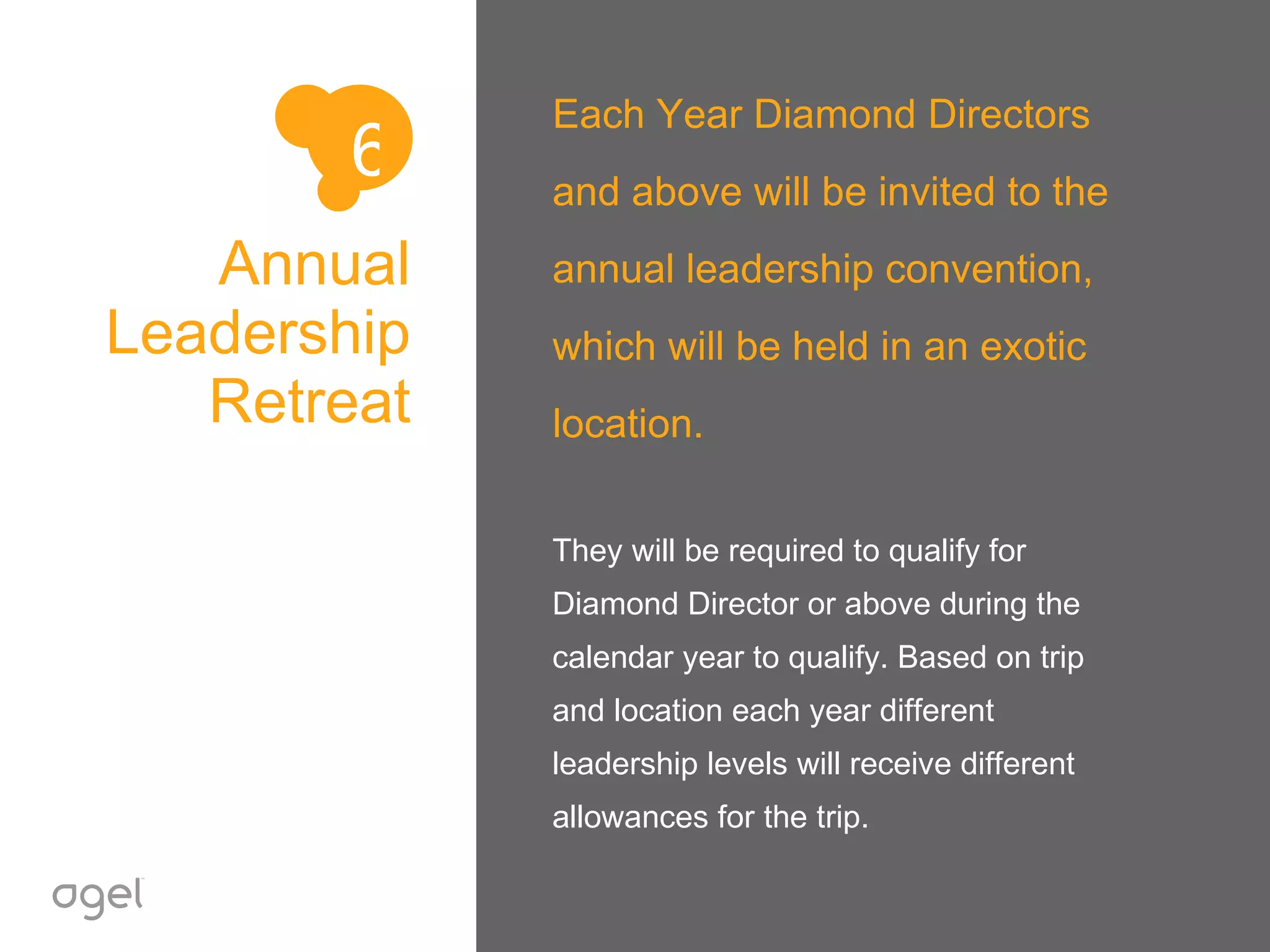 Annual Leadership Retreat Each Year Diamond Directors and above will be invited to the annual leadership convention, which will be held in an exotic location. They will be required to qualify for Diamond Director or above during the calendar year to qualify. Based on trip and location each year different leadership levels will receive different allowances for the trip. 6 