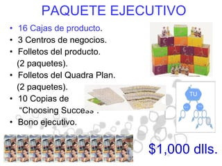 16 Cajas de producto .  3 Centros de negocios. Folletos del producto. (2 paquetes). Folletos del Quadra Plan. (2 paquetes). 10 Copias de  “ Choosing Success”.  Bono ejecutivo. PAQUETE EJECUTIVO $1,000 dlls. TU TU-2 TU-3 
