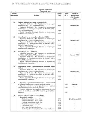 (Fl. 7 do Anexo Único ao Ato Declaratório Executivo Codac nº 18, de 25 de fevereiro de 2011.)


                                                 Agenda Tributária
                                                  Março de 2011
  Data de                                                                       Código   Código      Período de
Vencimento                              Tributos                                 Darf     GPS       Apuração do
                                                                                                    Fato Gerador
                                                                                                        (FG)

    21        Imposto de Renda das Pessoas Jurídicas (IRPJ)
                Pagamento Unificado - Ret Aplicável às Incorporações
             Imobiliárias (IRPJ, CSLL, PIS/Pasep, Cofins)                        4095               Fevereiro/2011
                Pagamento Unificado - Ret Aplicável às Incorporações
             Imobiliárias e às Construções no âmbito do PMCMV (IRPJ,
             CSLL, PIS/Pasep, Cofins)                                            1068                     "
                Regime Especial de Tributação Aplicável às Incorporações
             Imobiliárias e às Construções                                       4112                     "

    21        Contribuição Social sobre o Lucro Líquido (CSLL)
                Pagamento Unificado - Ret Aplicável às Incorporações
             Imobiliárias (IRPJ, CSLL, PIS/Pasep, Cofins)                        4095               Fevereiro/2011
                Pagamento Unificado - Ret Aplicável às Incorporações
             Imobiliárias e às Construções no âmbito do PMCMV (IRPJ,
             CSLL, PIS/Pasep, Cofins)                                            1068                     "
                Regime Especial de Tributação Aplicável às Incorporações
             Imobiliárias e às Construções                                       4153                     "

    21        Contribuição para o PIS/Pasep
                Pagamento Unificado - Ret Aplicável às Incorporações
             Imobiliárias (IRPJ, CSLL, PIS/Pasep, Cofins)                        4095               Fevereiro/2011
                Pagamento Unificado - Ret Aplicável às Incorporações
             Imobiliárias e às Construções no âmbito do PMCMV (IRPJ,
             CSLL, PIS/Pasep, Cofins)                                            1068                     "
                Regime Especial de Tributação Aplicável às Incorporações
             Imobiliárias e às Construções                                       4138                     "

    21        Contribuição para o Financiamento da Seguridade Social
             (Cofins)
                Pagamento Unificado - Ret Aplicável às Incorporações
             Imobiliárias (IRPJ, CSLL, PIS/Pasep, Cofins)                        4095               Fevereiro/2011
                Pagamento Unificado - Ret Aplicável às Incorporações
             Imobiliárias e às Construções no âmbito do PMCMV (IRPJ,
             CSLL, PIS/Pasep, Cofins)                                            1068                     "
                Regime Especial de Tributação Aplicável às Incorporações
             Imobiliárias e às Construções                                       4166                     "

    21           Pagamento de parcelamento administrativo - número do título
             de cobrança (preenchimento exclusivo pelo órgão emissor)                     4308         Diversos
                 Pagamento de dívida ativa parcelamento - referência
             (preenchimento exclusivo pelo órgão emissor)                                 6106            "
                 Comprev - pagamento de dívida ativa - parcelamento de regime
             próprio de previdência social RPPS - órgão do poder público -
             referência                                                                   6505            "

    23       Imposto de Renda Retido na Fonte (IRRF)
               Rendimentos de Capital
                  Títulos de renda fixa - Pessoa Física                          8053             11 a 20/março/2011
                  Títulos de renda fixa - Pessoa Jurídica                        3426                      "
                  Fundo de Investimento - Renda Fixa                             6800                      "
                  Fundo de Investimento em Ações                                 6813                      "
                  Operações de swap                                              5273                      "
                  Day-Trade - Operações em Bolsas                                8468                      "
                  Ganhos líquidos em operações em bolsas e assemelhados          5557                      "
 