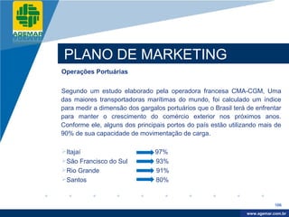 Company
LOGO




           PLANO DE MARKETING
          Operações Portuárias


          Segundo um estudo elaborado pela operadora francesa CMA-CGM, Uma
          das maiores transportadoras marítimas do mundo, foi calculado um índice
          para medir a dimensão dos gargalos portuários que o Brasil terá de enfrentar
          para manter o crescimento do comércio exterior nos próximos anos.
          Conforme ele, alguns dos principais portos do país estão utilizando mais de
          90% de sua capacidade de movimentação de carga.

          Itajaí                         97%
          São Francisco do Sul           93%
          Rio Grande                     91%
          Santos                         80%


                                                                                      106

                                                                           www.company.com
                                                                          www.agemar.com.br
 