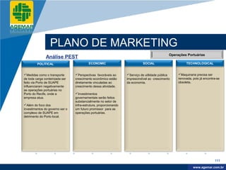 Company
LOGO




                      PLANO DE MARKETING
                                                                                                   Operações Portuárias
                   Análise PEST
             POLITICAL                        ECONOMIC                           SOCIAL                      TECHNOLOGICAL


    Medidas como o transporte       Perspectivas favoráveis ao       Serviço de utilidade pública    Maquinaria precisa ser
    de toda carga conteirizada ser   crescimento econômico estão       imprescindível ao crescimento    renovada, pois já encontra-se
    feito via Porto de SUAPE         diretamente vinculadas ao         da economia.                     obsoleta.
    influenciaram negativamente      crescimento dessa atividade.
    as operações portuárias no
    Porto do Recife, onde a          Investimentos
    empresa atua.                    governamentais serão feitos
                                     substancialmente no setor de
    Além do foco dos                infra-estrutura, proporcionando
    investimentos do governo ser o   um futuro promissor para as
    complexo de SUAPE em             operações portuárias.
    detrimento do Porto local.




                                                                                                                                 111

                                                                                                                   www.company.com
                                                                                                                  www.agemar.com.br
 