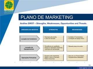 Company
LOGO




          PLANO DE MARKETING
          Análise SWOT – Strengths, Weaknesses, Opportunities and Threats.

           UNIDADES DE NEGÓCIO             STRENGTHS                        WEAKNESSES




                                   Serviços pós-venda;              Limitado nº funcionários;
           Locação de Containers   Líder de mercado                 Limitação do espaço físico.




                                   Excelência em qualidade.         Elevado preço de venda
               Locação de          Peças p/ reposição acessíveis.
              Equipamentos         Serviços de manutenção.




                                   Equipe muito experiente;         Atua em um Porto limitado.
           Operações Portuárias    Marca forte no mercado;          Equipamentos defasados.
                                   Ótimo know-how.




                                                                                                    154

                                                                                         www.company.com
                                                                                        www.agemar.com.br
 