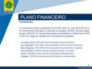 Company
LOGO




           PLANO FINANCEIRO
          Investimentos


          O investimento direto considerado foi de R$ 7.044 mil, mais R$ 2.475 mil a
          re-investimentos estimados no período de projeção, R$ 841 mil para capital
          de giro e R$ 787 mil para amortizações de empréstimos, totalizando em R$
          11.031 mil. Segue um detalhe dos investimentos projetados:

          Loc. Máq. e Equip.= R$ 168 mil para aquisição de novas máquinas;
          Loc. Containers = R$ 3.983 mil para aquisição e reforma de novos containers;
          Oper. Portuárias = R$ 1.889 mil para aquisição de equipamentos e máquinas;
          Trans. Marítimo = R$ 200 mil para aquisição de peças, e utensílios;
          Postos = R$ 206 mil para reformas e aquisições de equipamentos;
          Armazém = R$ 598 mil para aquisição de máquinas e equipamentos;




                                                                                             190

                                                                                  www.company.com
                                                                                 www.agemar.com.br
 