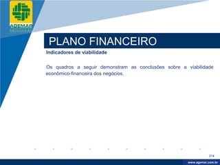 Company
LOGO




           PLANO FINANCEIRO
          Indicadores de viabilidade


          Os quadros a seguir demonstram as conclusões sobre a viabilidade
          econômico-financeira dos negócios.




                                                                            214

                                                                 www.company.com
                                                                www.agemar.com.br
 