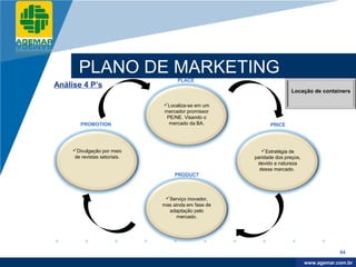 Company
LOGO




                 PLANO DE MARKETING
                                              PLACE
          Análise 4 P’s
                                                                              Locação de containers

                                        Localiza-se em um
                                        mercador promissor
                                         PE/NE. Visando o
                  PROMOTION               mercado da BA.             PRICE




               Divulgação por meio                               Estratégia de
               de revistas setoriais.                          paridade dos preços,
                                                                devido a natureza
                                                                 desse mercado.
                                             PRODUCT



                                         Serviço inovador,
                                        mas ainda em fase de
                                          adaptação pelo
                                             mercado.




                                                                                                  84

                                                                                       www.company.com
                                                                                      www.agemar.com.br
 