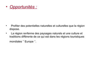 • Opportunités :



•    Profiter des potentielles naturelles et culturelles que la région
    dispose.
•     La région renferme des paysages naturels et une culture et
    traditions différente de ce qui est dans les régions touristiques
    mondiales ‘’ Europe ‘’.
 